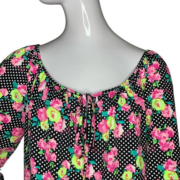 Betsey Johnson Blouse Size M Polka Dot Floral Print Long Sleeve - Picture 2 of 11